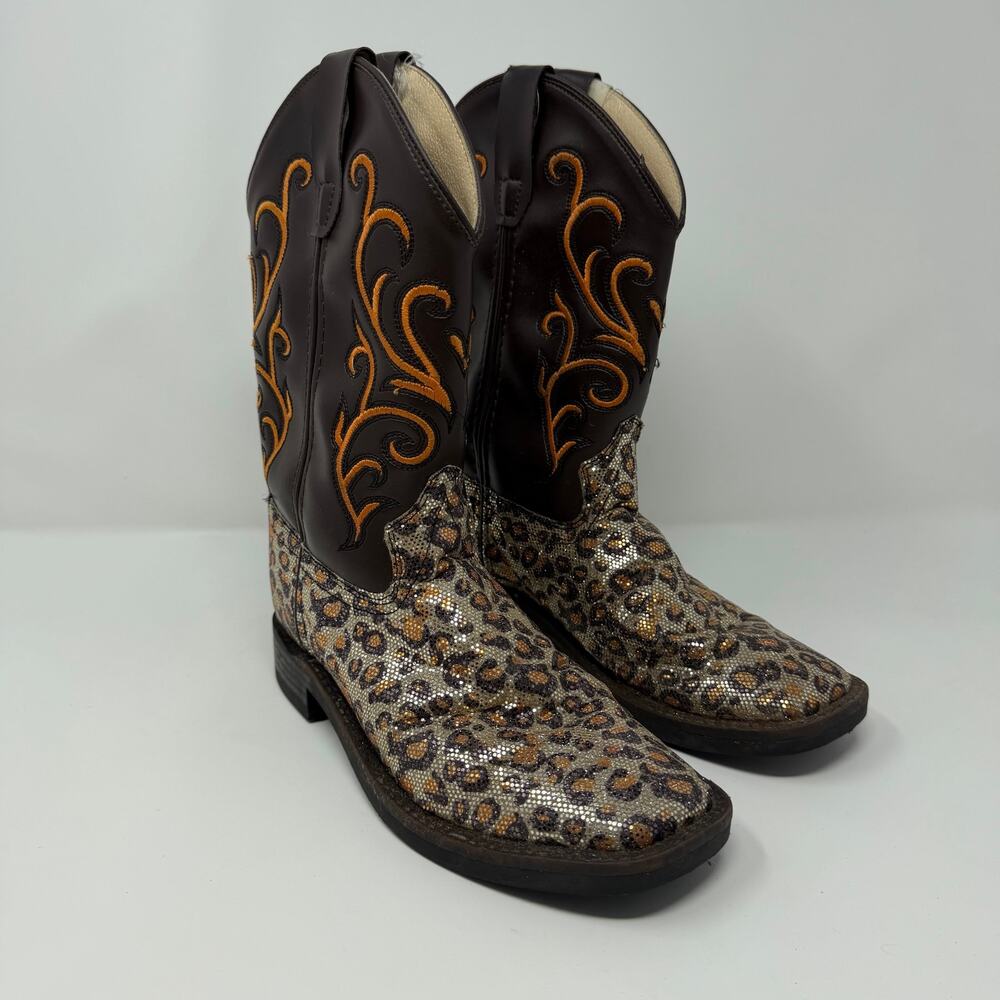 Old West Girls Brown Leopard Cowboy Boots Size 12